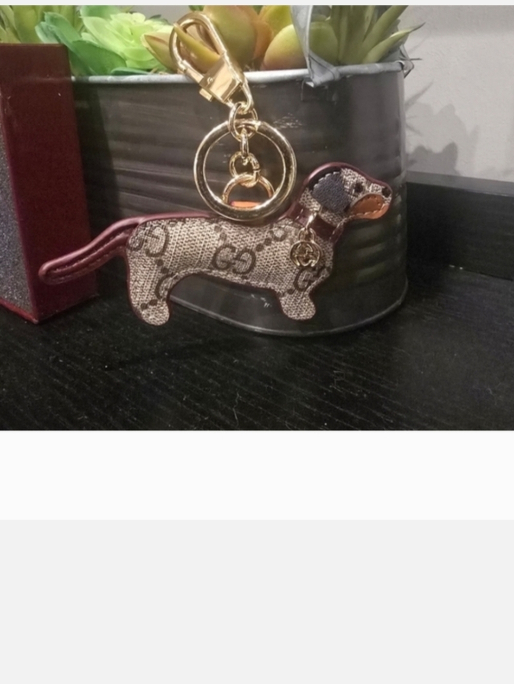 Gucci Brown Monogram Dachshund Key & Card Holder Charm with Gold Hardware